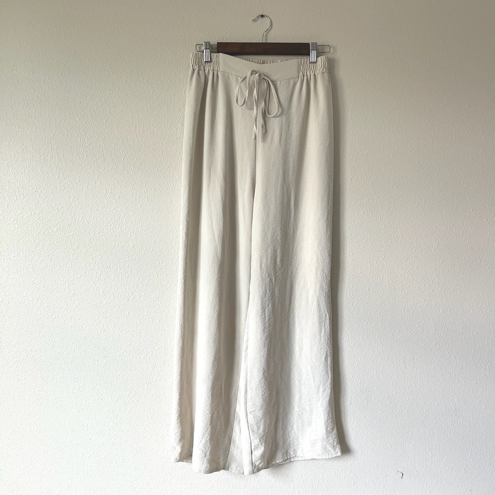 SHEIN Cream Wide Leg Drawstring Pants Large Elastic‎ Waist Textured Trousers